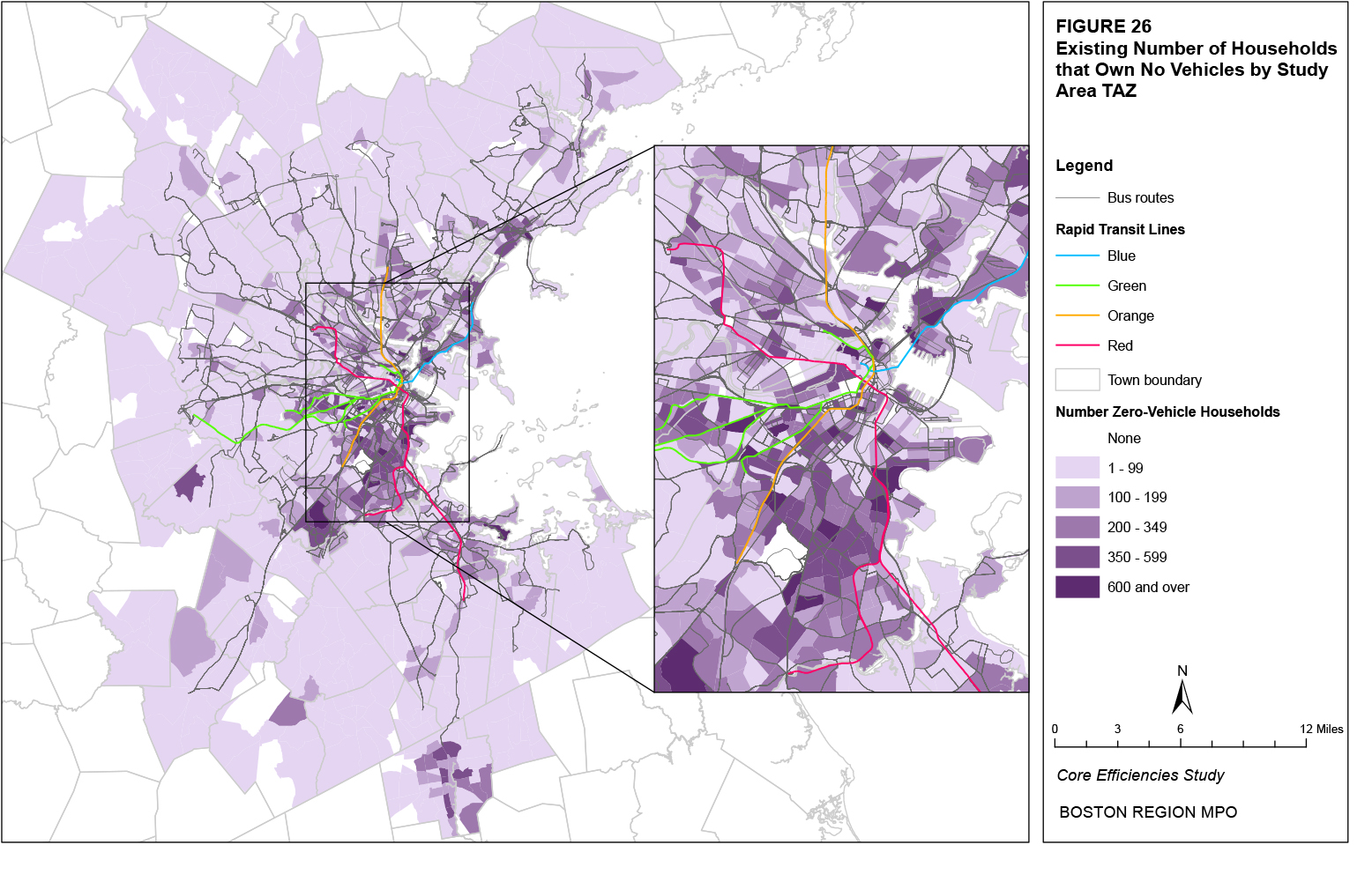 This map shows the existing number of households that own no vehicles by TAZ.